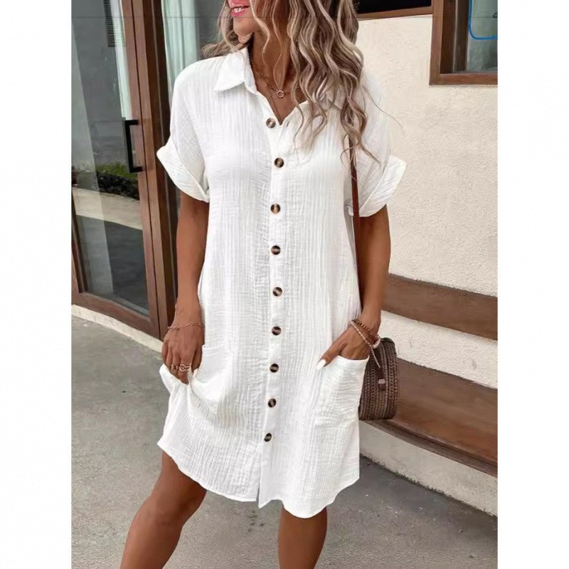 亚马逊欧美跨境休闲纯色单排扣中长款短袖宽松休闲连衣裙女装