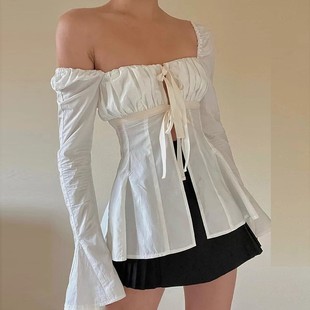 喇叭长袖 亚马逊独立站白色衬衫 褶皱系带紧身胸衣 修身 上衣 女式