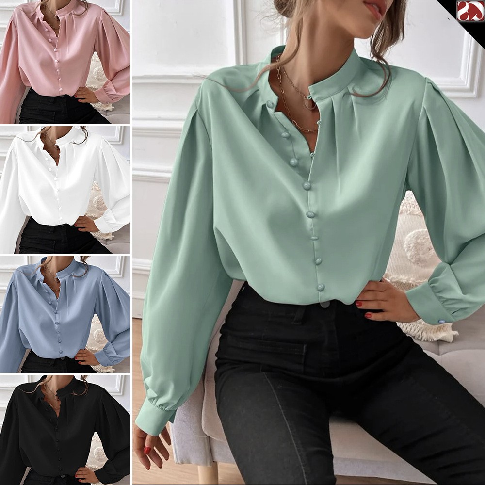 现货欧美跨境亚马逊衬衫女装爆款半开领纯色宽松长袖气质优雅