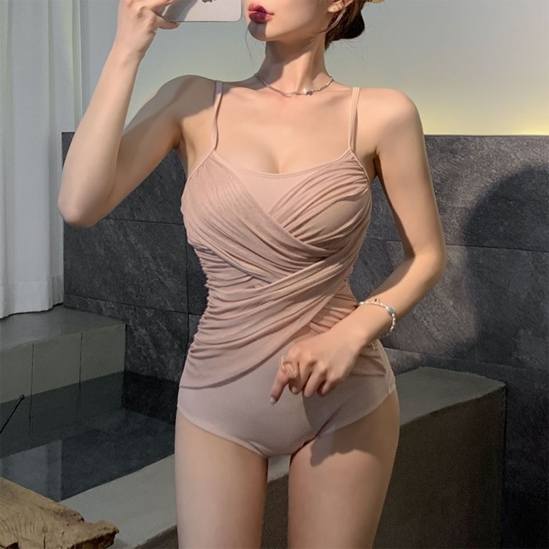 新款韩版比基尼温泉网纱透视小胸性感聚拢修身显瘦连体泳衣女