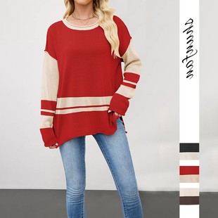跨境热卖 新款 欧美女装 针织衫 拼色圆领宽松百搭套头毛衣 秋冬季