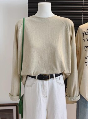 外贸纯色简约风长袖恤女春秋季百搭韩版宽松显瘦插肩袖上衣