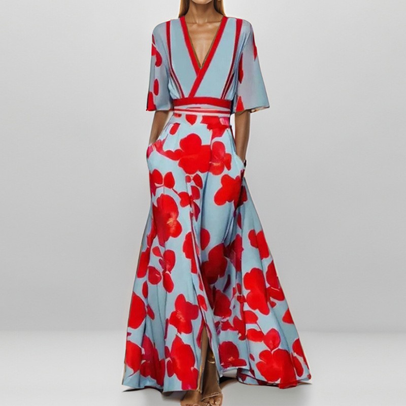 新款亚马逊欧美女装时尚优雅气质领印花缩褶大裙摆长连衣裙