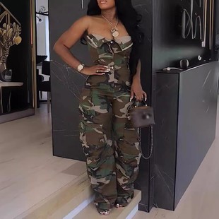时尚 长裤 性感欧美单排扣抹胸修身 多口袋连体工装 高腰无袖 跨境新款