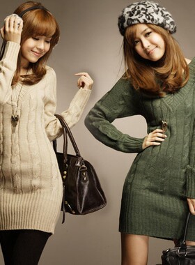 秋冬新款复古修身领麻花毛衣裙女装中长款针织打底衫厂家直销