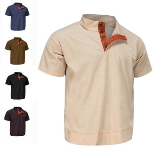 休闲短袖 欧美跨境男装 男士 灯芯绒套头亨利衫 恤 独立站亚马逊衬衫