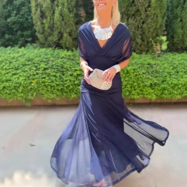 欧美跨境秋季新款亚马逊气质优雅纯色深领收腰网纱连衣裙女