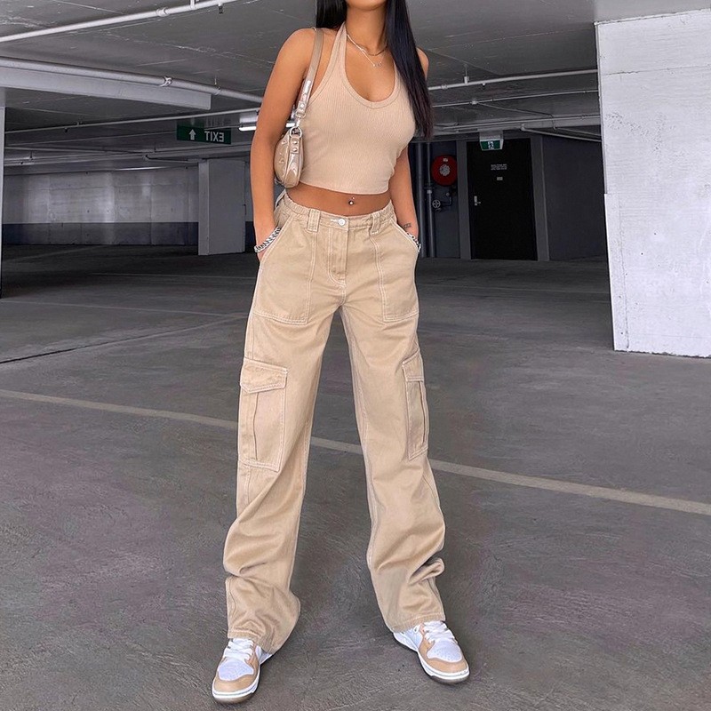 欧美女装街头时尚多口袋工装直筒长裤高腰显瘦宽松卡其色牛仔裤女