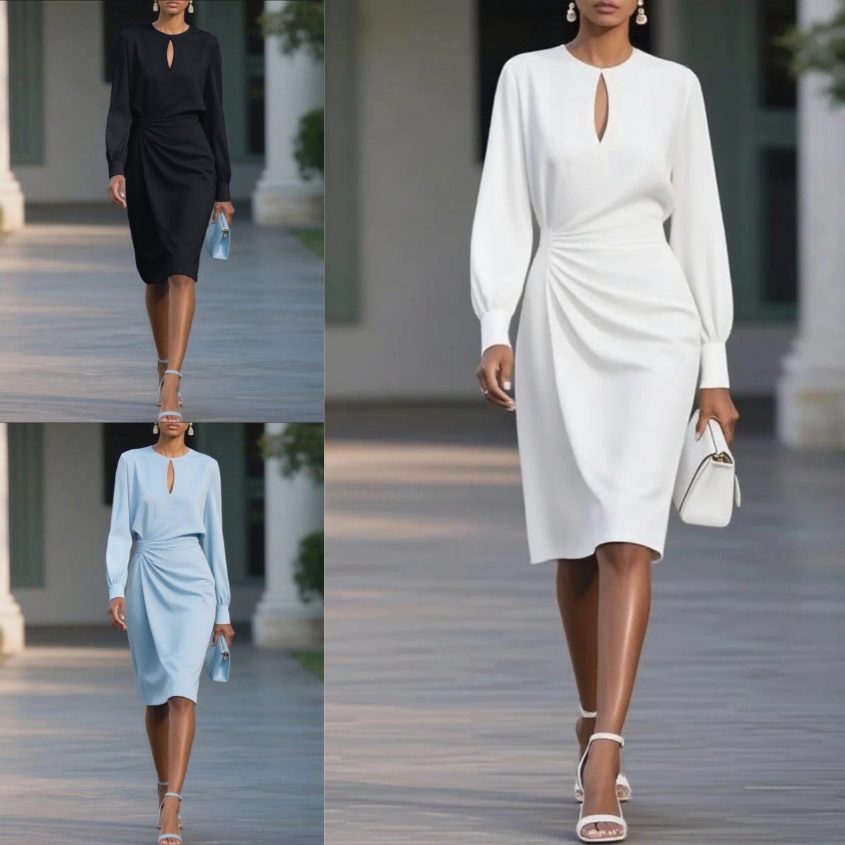 欧美亚马逊独立站 秋季气质纯色褶皱收腰圆领镂空连衣裙女装