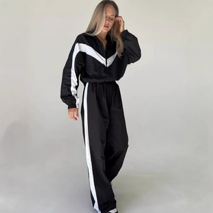 撞色运动开衫 跨境欧美长袖 长裤 套装 时尚 街头风套装 休闲亚马逊女装