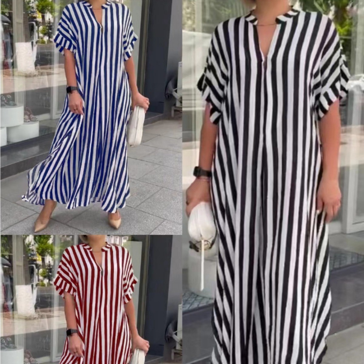欧美女装速卖通独立站时尚侧开叉条纹开衫短袖连衣裙