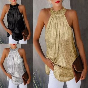 恤休闲上衣 双银挂脖拉链无袖 速卖 欧美女装