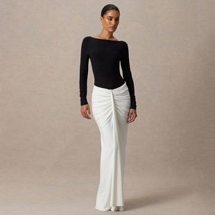 黑白撞色褶饰船领露背包臀长裙 气质修身 欧美女装 秋冬新款