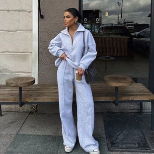 两件套宽松休闲秋冬套装 半开襟套头卫衣长裤 时尚 跨境欧美休闲女装