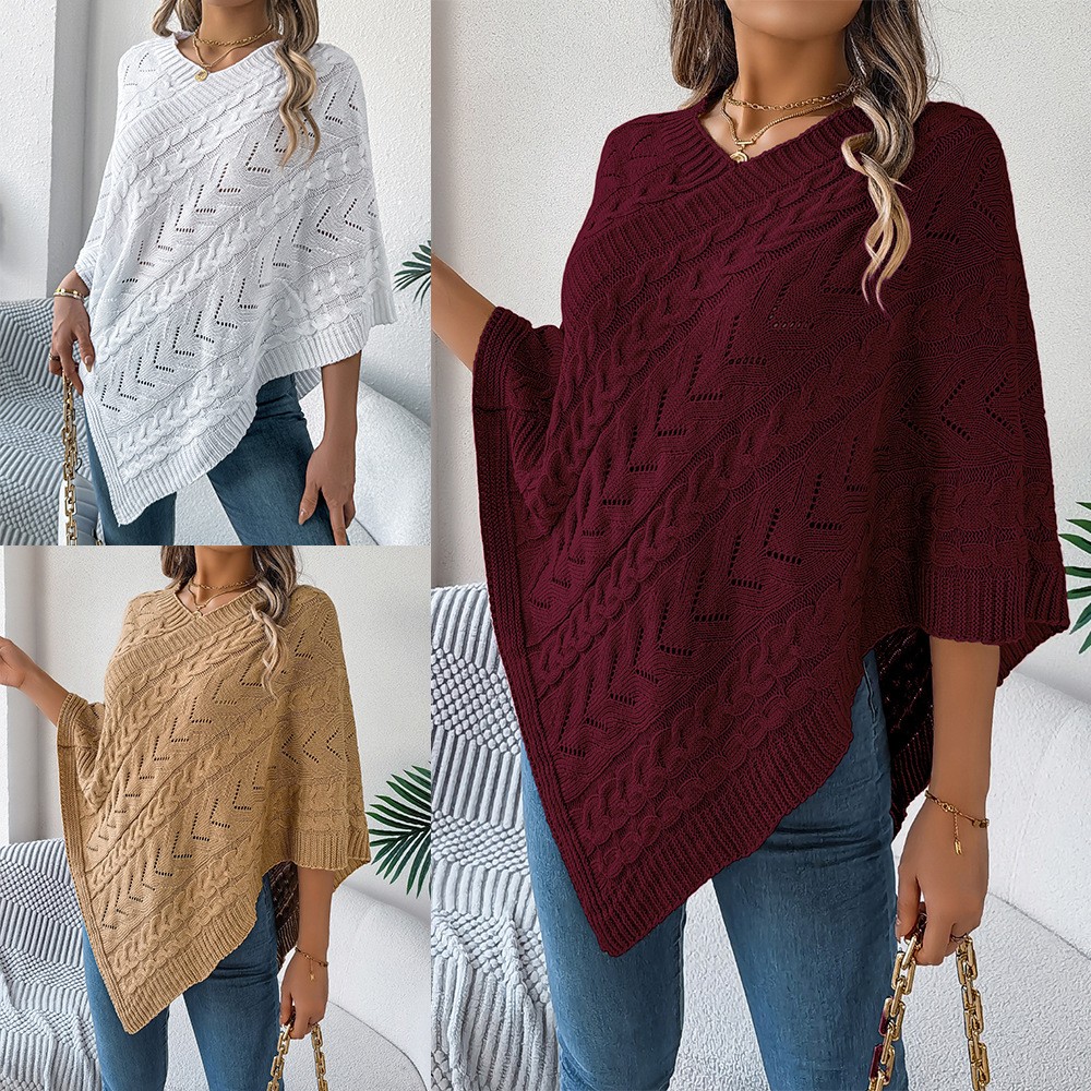 实拍秋冬休闲纯色麻花宽松斗蓬毛衣外套 独立站跨境女装