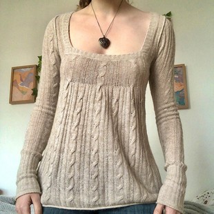 跨境新品 春季 复古低胸方领麻花卡其色毛织上衣 女装 针织衫