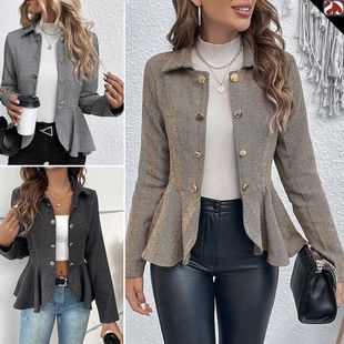 外套女 双排扣气质办公室西装 欧美外贸跨境女装 翻领提花荷叶边修身