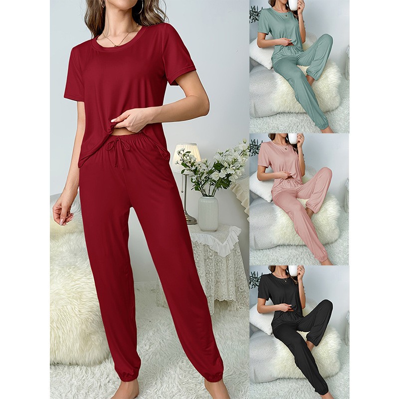 工厂春夏新款跨境睡衣女牛奶丝短袖长裤套装经典纯色休闲亚马逊爆