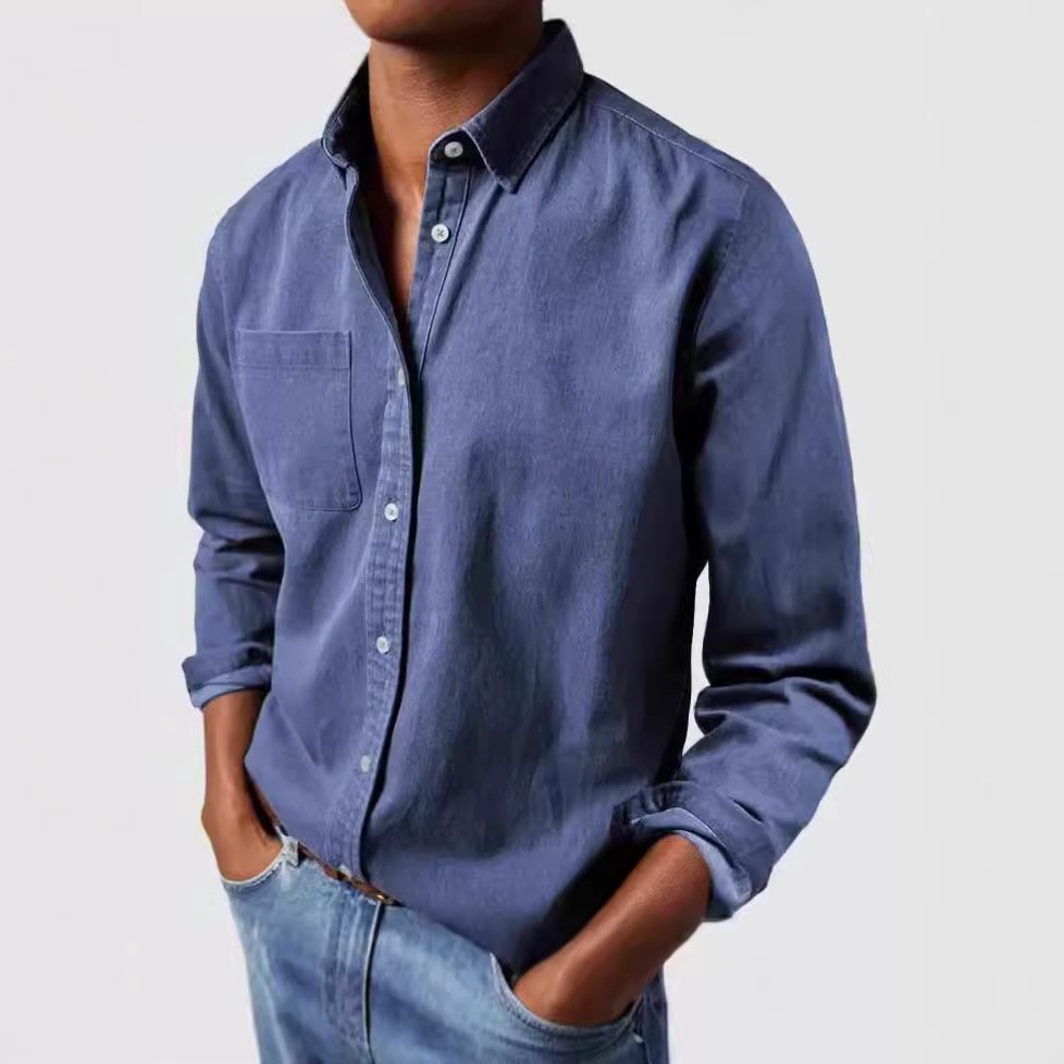 跨境亚马逊外贸欧美男装新款翻领纯色衬衣男式复古长袖衬衫