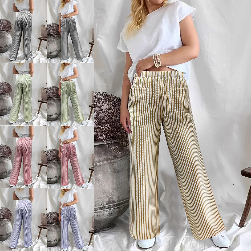 秋冬季新款女装亚马逊欧美跨境宽松条纹口袋时尚休闲阔腿裤女