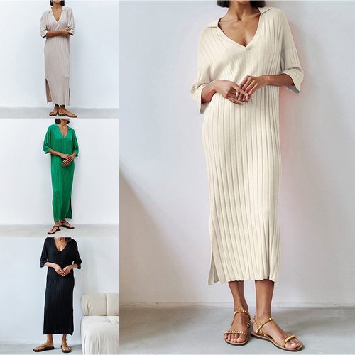 亚马逊独立站欧美领罗纹针织两侧开衩短袖连衣裙长裙