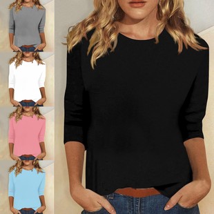 纯色恤 亚马逊独立站上衣圆领七分袖 秋冬款 欧美跨境女装