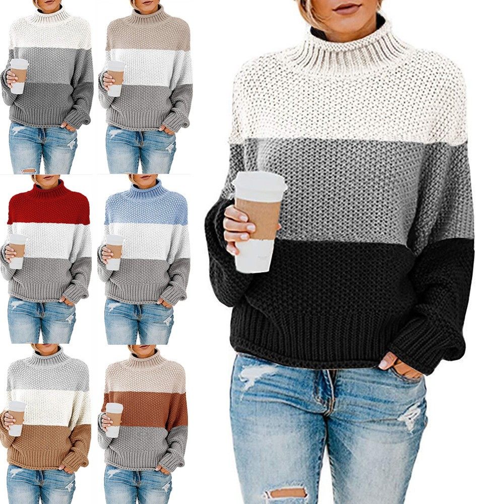 跨境秋冬新款针织衫欧美外贸女装亚马逊粗线拼色高领套头毛衣,个性定制/设计服务/DIY,连衣裙加工定制,淘宝优惠券,粉丝福利购,淘宝优惠卷