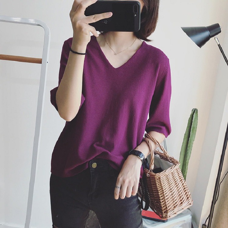 夏女装新款韩版简约领百搭宽松套头恤纯色中袖休闲上衣打底衫