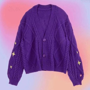 上衣 外套跨境欧美单排扣星星刺绣休闲针织衫 秋冬新款 紫色毛衣开衫