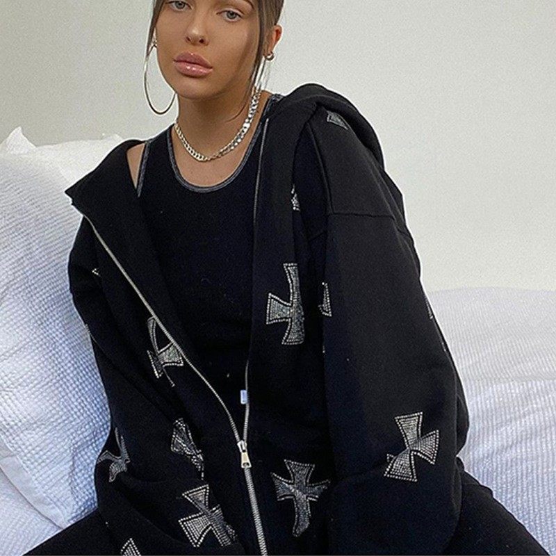 欧美站跨境女装秋新款欧美宽松上衣十字架烫钻套头全拉链连帽卫衣,个性定制/设计服务/DIY,连衣裙加工定制,淘宝优惠券,粉丝福利购,淘宝优惠卷