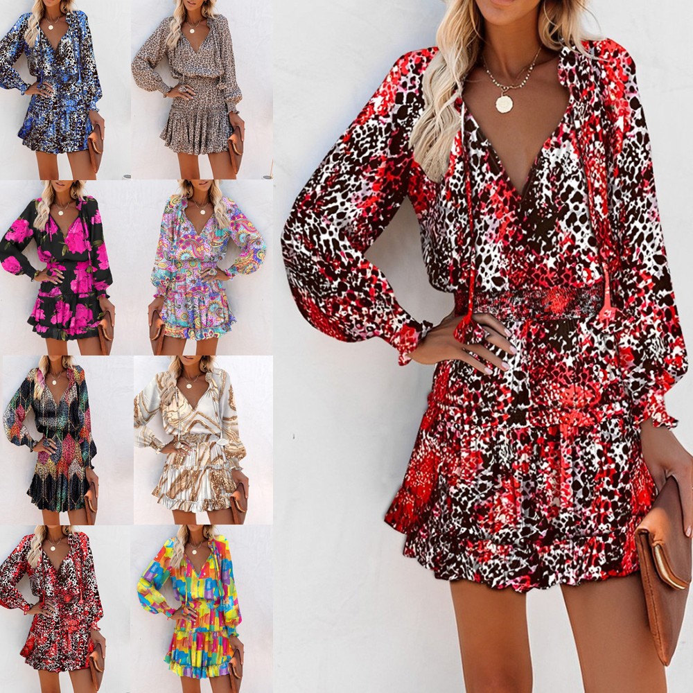 独立站亚马逊爆款 春夏长袖领时尚印花收腰连衣裙女装