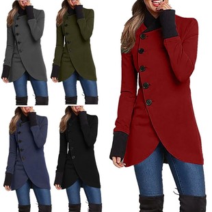 亚马逊欧美跨境秋冬新款 外套 纯色单排扣拼接下摆开叉长袖