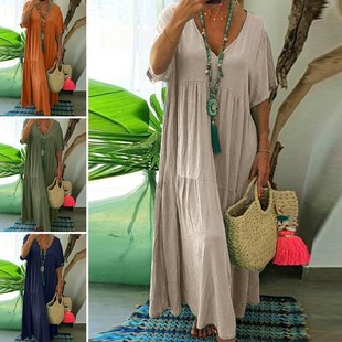 长款 领不规则多色多码 大摆连衣裙 欧美亚马逊新款 春夏季