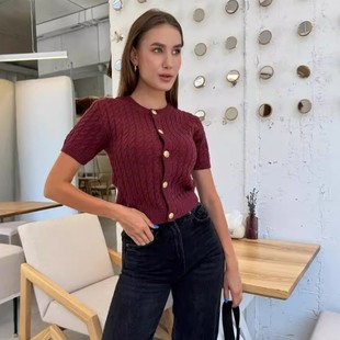 色跨境单排扣显瘦麻花扭绳针织上衣安哥拉红短款 女 针织衫