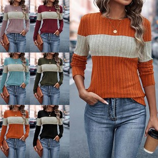 欧美跨境女装 宽松休闲拼色恤女 秋冬亚马逊独立站爆款