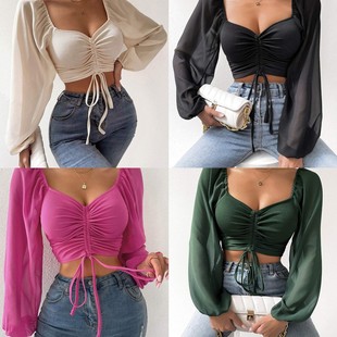 性感衬衫 紧身时尚 上衣 领雪纺抽绳灯笼袖 亚马逊速卖通夏新款