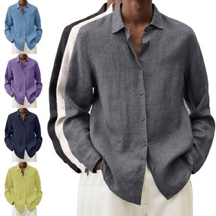 领宽松纽扣棉麻衬衫 长袖 衬衣男 秋季 独立站亚马逊爆款