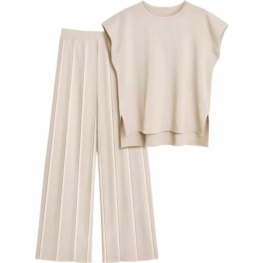 亚马逊欧美女式针织休闲套装 无袖背心针织衫+阔腿裤两件套