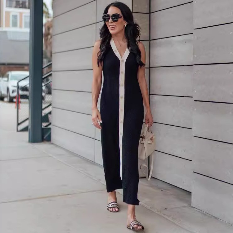 码领无袖单排扣针织裙紧身欧美中长裙撞色开衫性感夏季连衣裙