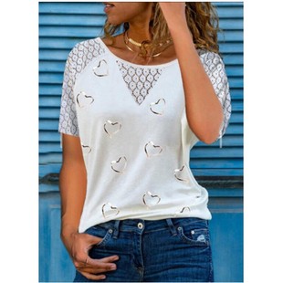 袖 外贸 亚马逊速卖通短袖 新款 爱心印花圆领蕾丝恤 夏季