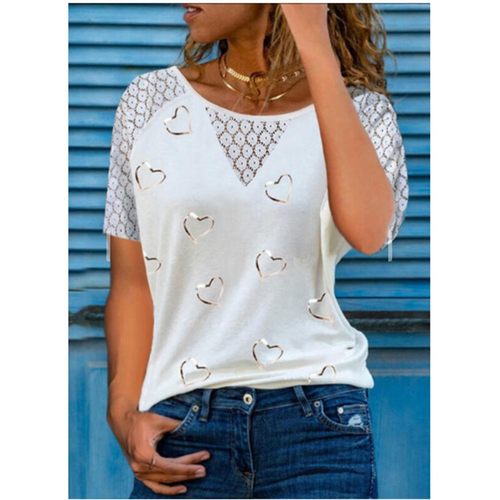 外贸 夏季新款亚马逊速卖通短袖袖爱心印花圆领蕾丝恤