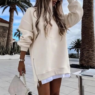 独立站爆款 拼接侧边拉链设计套头卫衣女 秋冬时尚