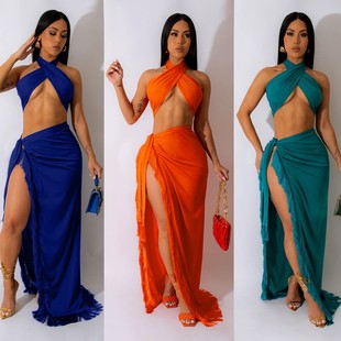 性感裹胸绑带流苏两件套裙套装 亚马逊欧美女装 新品 跨境夏季