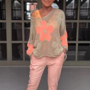 织衫 欧美爆款 花朵网格针 亚马逊新款 花卉针织镂空领衬衫