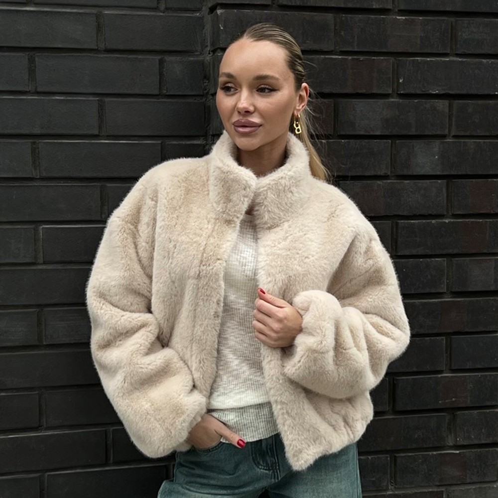 跨境立领毛绒外套欧美秋冬新款带拉链毛毛外套保暖毛绒外套女