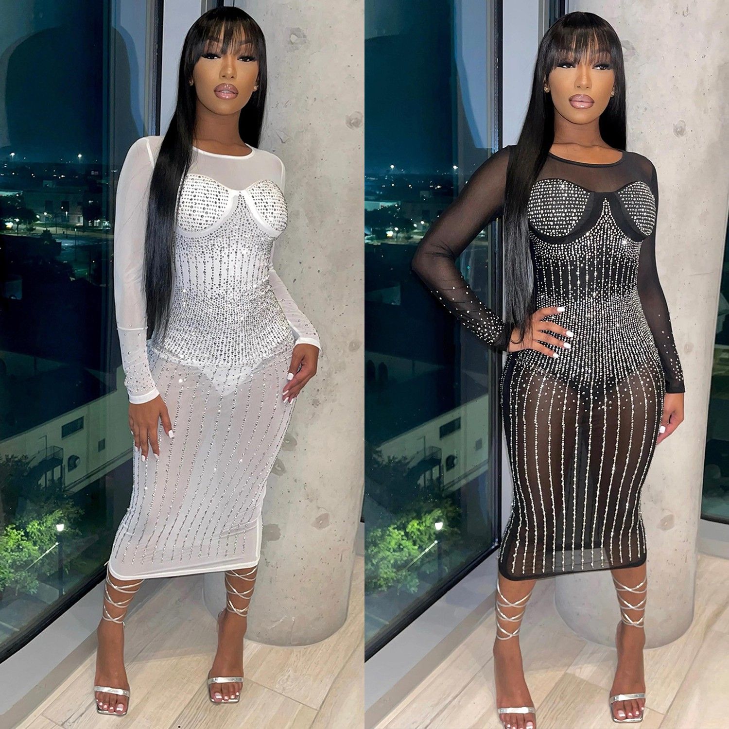 跨境秋冬新品亚马逊欧美女装性感网纱烫钻连体衣长袖连衣裙