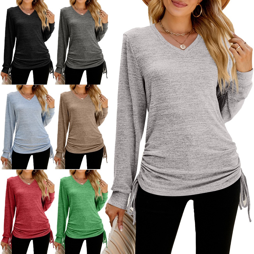 亚马逊欧美跨境外贸秋冬新款纯色长袖领抽褶宽松恤上衣女士