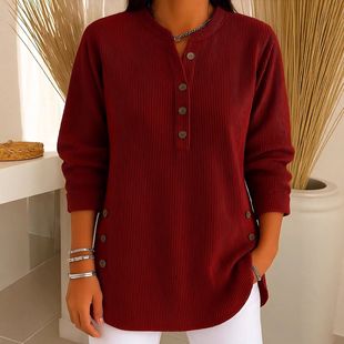 上衣恤 女式 跨境欧美秋冬新款 灯芯绒纯色宽松休闲领纽扣长袖