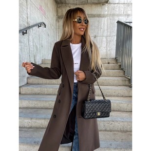 独立站爆款 翻领纽扣开叉毛呢外套女 秋冬简约长袖