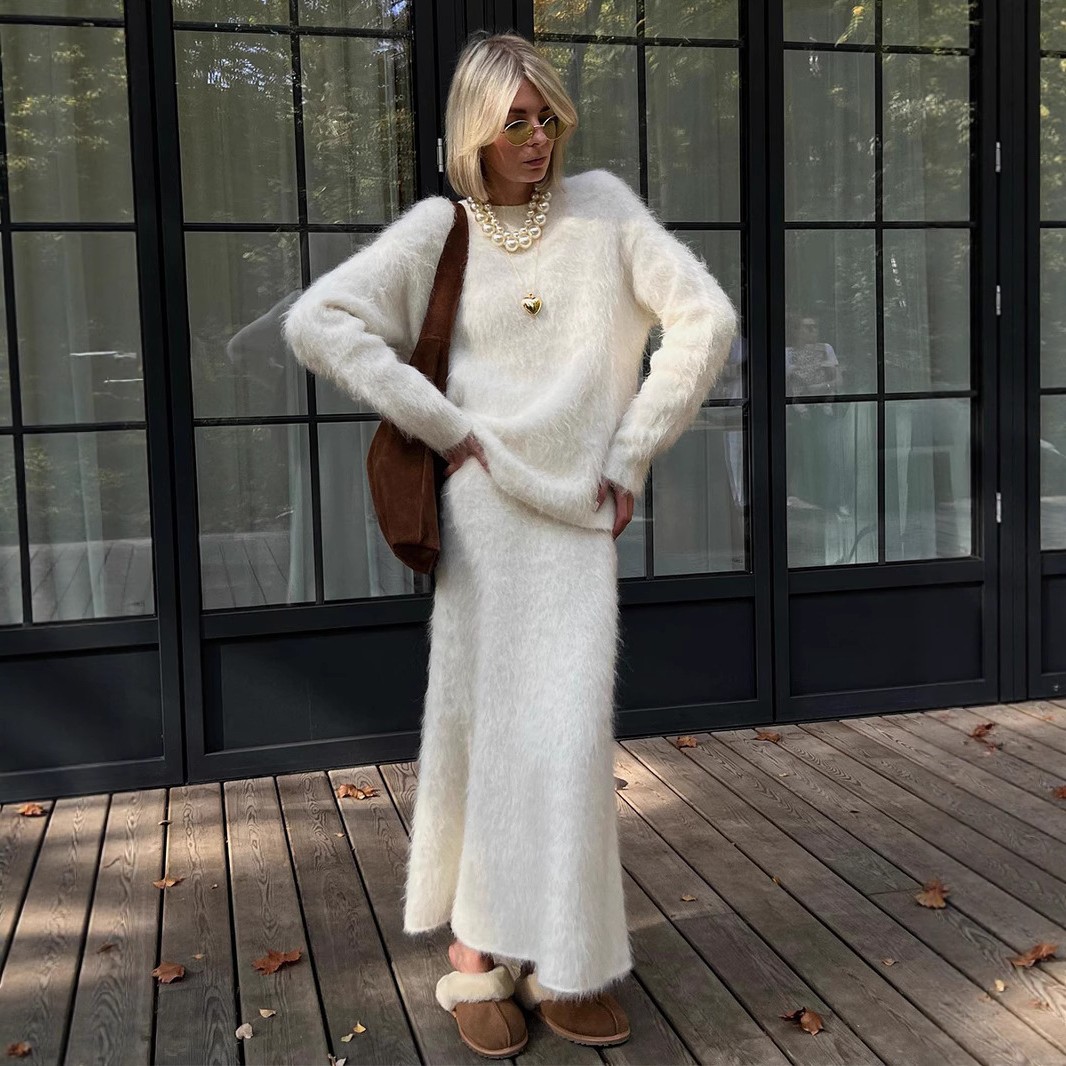 跨境套头毛衣半身裙套装欧美秋冬风针织两件套毛衣套装女